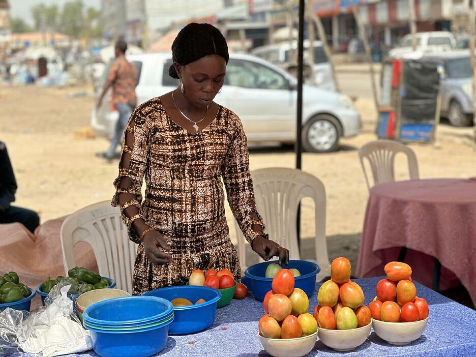 2024, Juba, South Sudan. Joice sells at the monthly trade fairs organized by ITC in Juba. Buyers from hotels and restaurants come looking for local suppliers.
