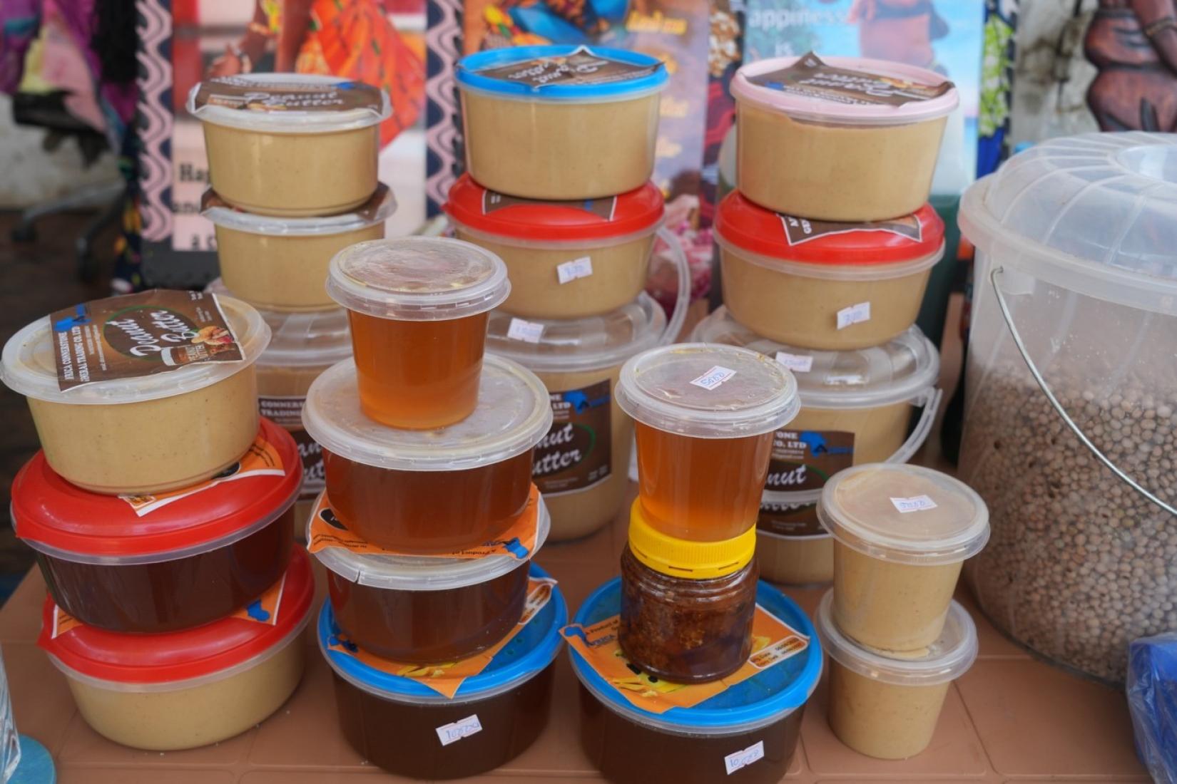 Packaged peanut butter and honey for sale at Cissy's shop. 