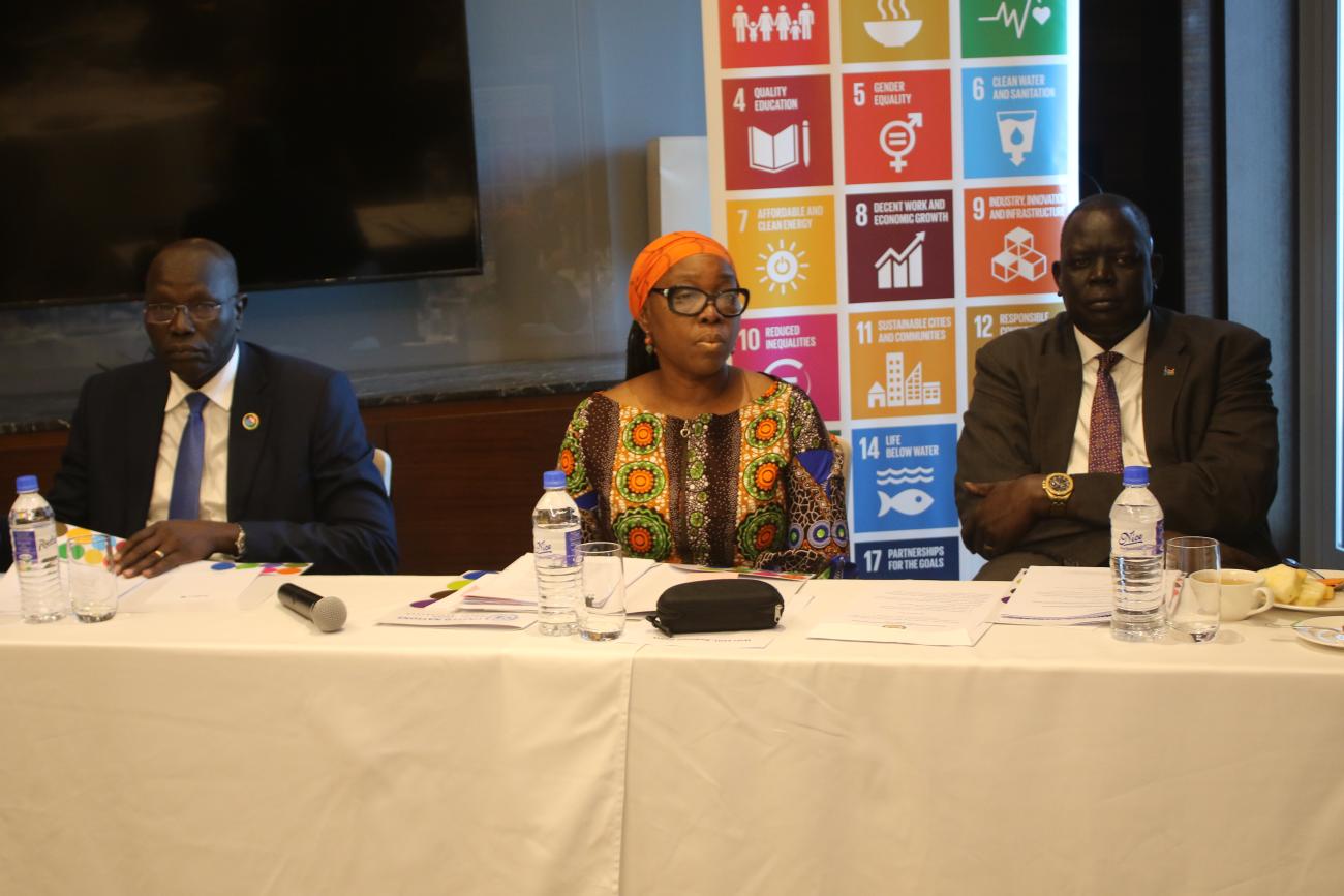 Dier Tong Ngor, the Minister of Finance and Planning(L), Sara Beysolow Nyanti, Resident Coordinator(C) Deng Dau Deng the Deputy Minister of Foreign Affairs and International Cooperation(R) during the dialogue at Radisson Blu hotel in Juba.